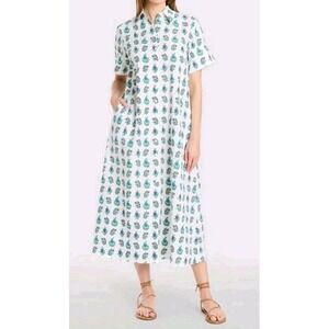 Livro Gibbons Dress Size XS Beach Sprigs Cotton Shirt Dress Block Print White